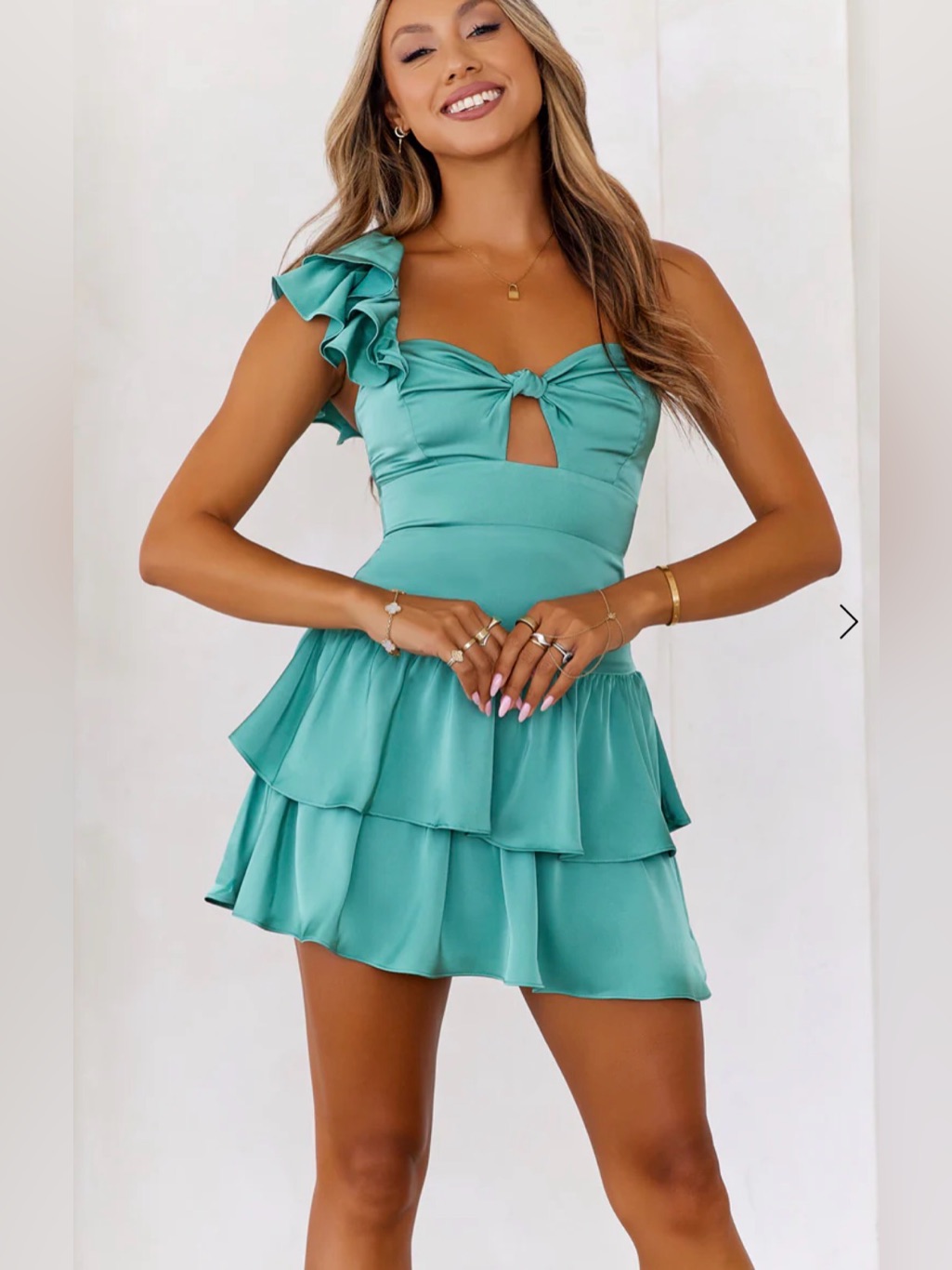 Hello Molly Mint One-Shoulder Ruffle Tiered Mini Dress